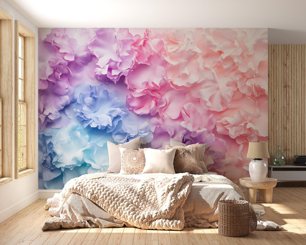 3D Pastel Flower Wall Mural – Pink Purple Blue Floral Wallpaper – Romantic Bedroom Decor – Peel and Stick or Non-Woven Mural