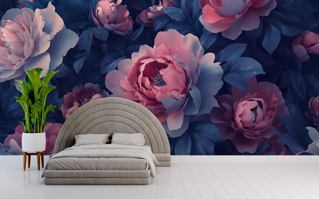 Dark Floral Wall Mural – Pink and Navy Peony Wallpaper – Bold Romantic Bedroom Decor – Peel and Stick or Non-Woven