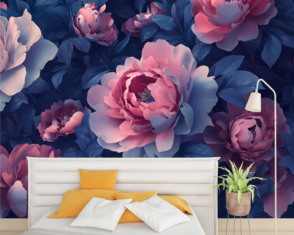 Dark Floral Wall Mural – Pink and Navy Peony Wallpaper – Bold Romantic Bedroom Decor – Peel and Stick or Non-Woven