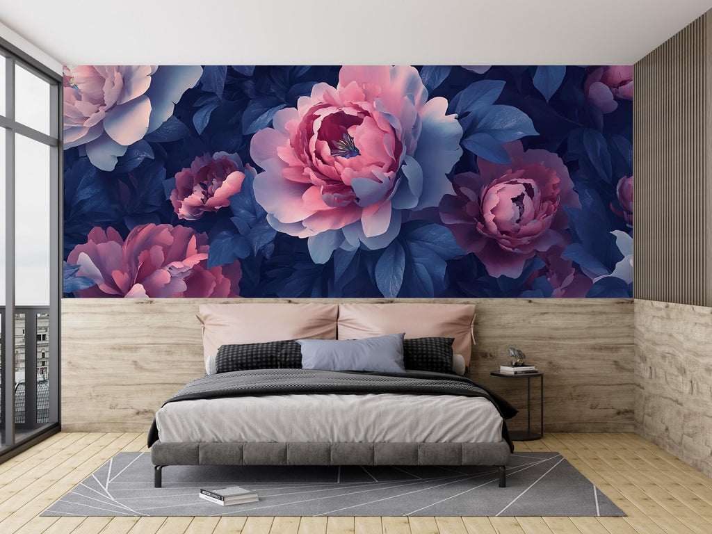 Dark Floral Wall Mural – Pink and Navy Peony Wallpaper – Bold Romantic Bedroom Decor – Peel and Stick or Non-Woven