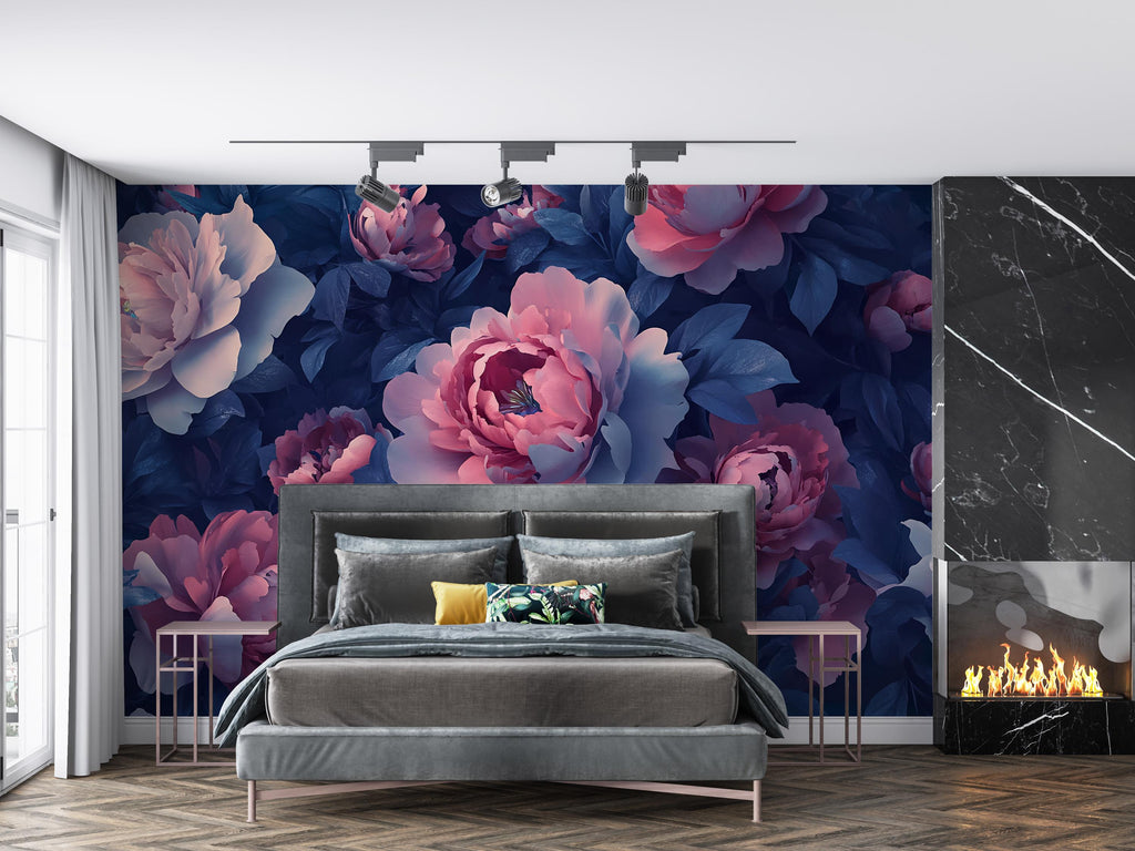 Dark Floral Wall Mural – Pink and Navy Peony Wallpaper – Bold Romantic Bedroom Decor – Peel and Stick or Non-Woven