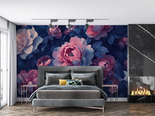 Load image into Gallery viewer, Dark Floral Wall Mural – Pink and Navy Peony Wallpaper – Bold Romantic Bedroom Decor – Peel and Stick or Non-Woven