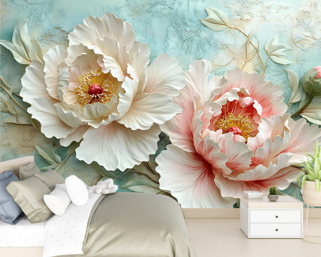 3D Peony Wall Mural – Elegant Floral Wallpaper with Aqua Texture – Luxury Bedroom Decor – Peel and Stick or Non-Woven