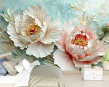 Load image into Gallery viewer, 3D Peony Wall Mural – Elegant Floral Wallpaper with Aqua Texture – Luxury Bedroom Decor – Peel and Stick or Non-Woven