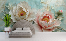 Load image into Gallery viewer, 3D Peony Wall Mural – Elegant Floral Wallpaper with Aqua Texture – Luxury Bedroom Decor – Peel and Stick or Non-Woven