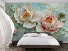 Load image into Gallery viewer, 3D Peony Wall Mural – Elegant Floral Wallpaper with Aqua Texture – Luxury Bedroom Decor – Peel and Stick or Non-Woven