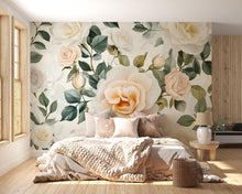 Load image into Gallery viewer, Ivory Rose Wall Mural – Peach Floral Wallpaper for Bedroom – Boho Romantic Cottage Decor – Peel and Stick or Non-Woven