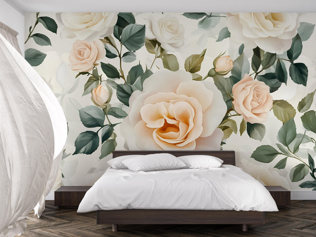 Ivory Rose Wall Mural – Peach Floral Wallpaper for Bedroom – Boho Romantic Cottage Decor – Peel and Stick or Non-Woven