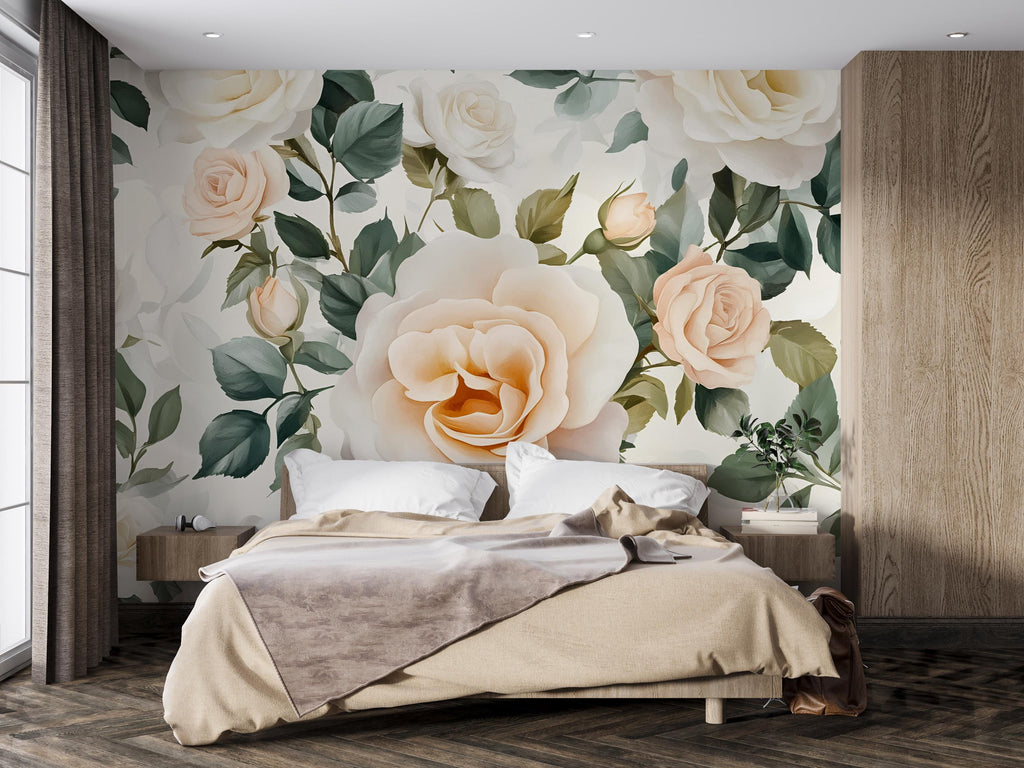 Ivory Rose Wall Mural – Peach Floral Wallpaper for Bedroom – Boho Romantic Cottage Decor – Peel and Stick or Non-Woven