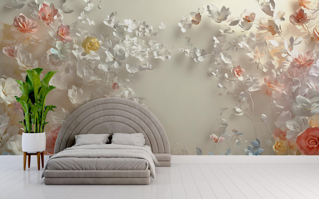 3D Pastel Floral Wall Mural – Elegant Blush Rose Wallpaper – Modern Romantic Bedroom Decor – Peel and Stick or Non-Woven
