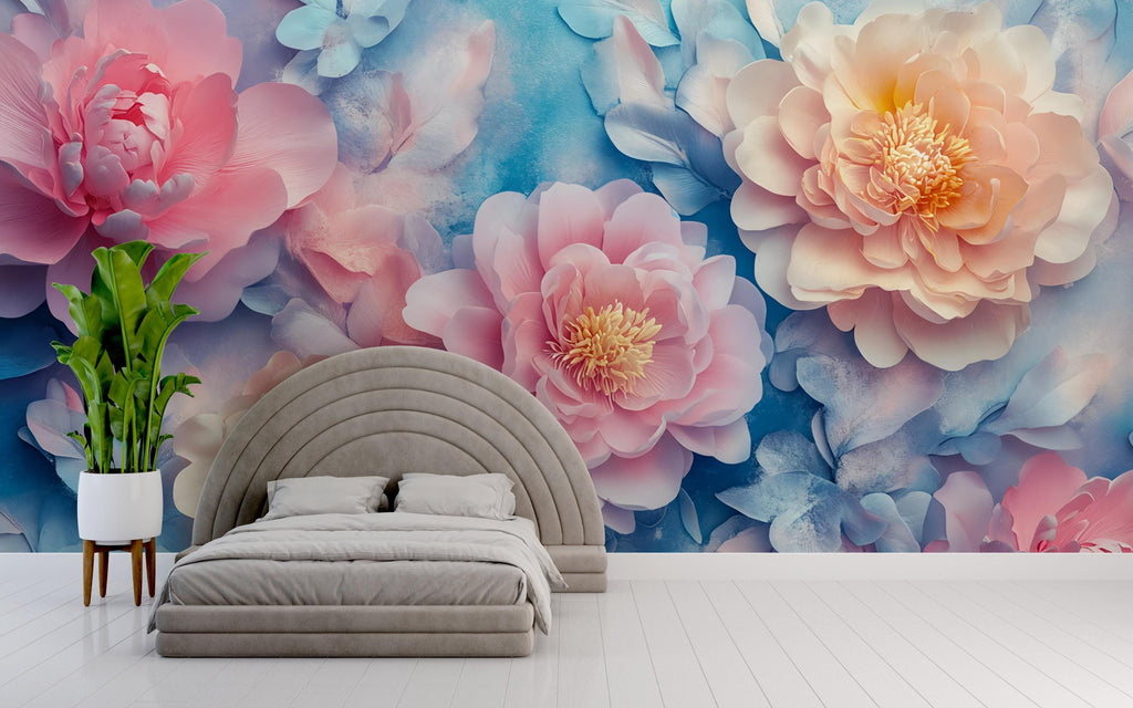 3D Peony Wall Mural – Pink Peach Floral Wallpaper with Blue Background – Luxury Romantic Bedroom Decor – Peel and Stick or Non-Woven