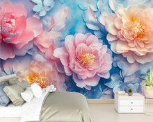 Load image into Gallery viewer, 3D Peony Wall Mural – Pink Peach Floral Wallpaper with Blue Background – Luxury Romantic Bedroom Decor – Peel and Stick or Non-Woven