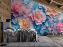 Load image into Gallery viewer, 3D Peony Wall Mural – Pink Peach Floral Wallpaper with Blue Background – Luxury Romantic Bedroom Decor – Peel and Stick or Non-Woven