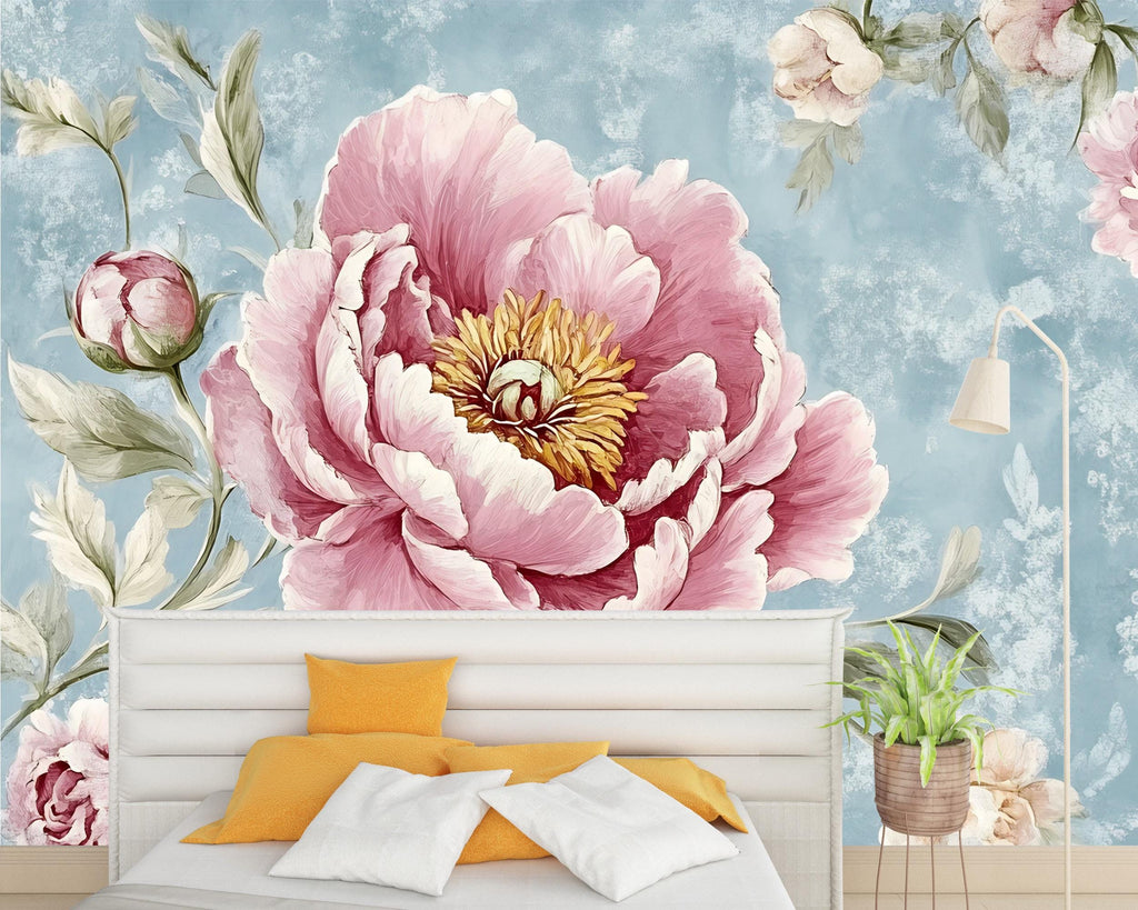 Vintage Peony Wall Mural – Pink Floral Wallpaper on Blue Textured Background – Romantic Bedroom Decor – Peel and Stick or Non-Woven