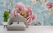 Load image into Gallery viewer, Vintage Peony Wall Mural – Pink Floral Wallpaper on Blue Textured Background – Romantic Bedroom Decor – Peel and Stick or Non-Woven