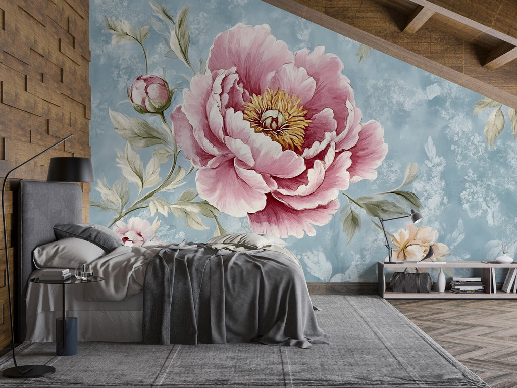 Vintage Peony Wall Mural – Pink Floral Wallpaper on Blue Textured Background – Romantic Bedroom Decor – Peel and Stick or Non-Woven