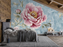 Load image into Gallery viewer, Vintage Peony Wall Mural – Pink Floral Wallpaper on Blue Textured Background – Romantic Bedroom Decor – Peel and Stick or Non-Woven