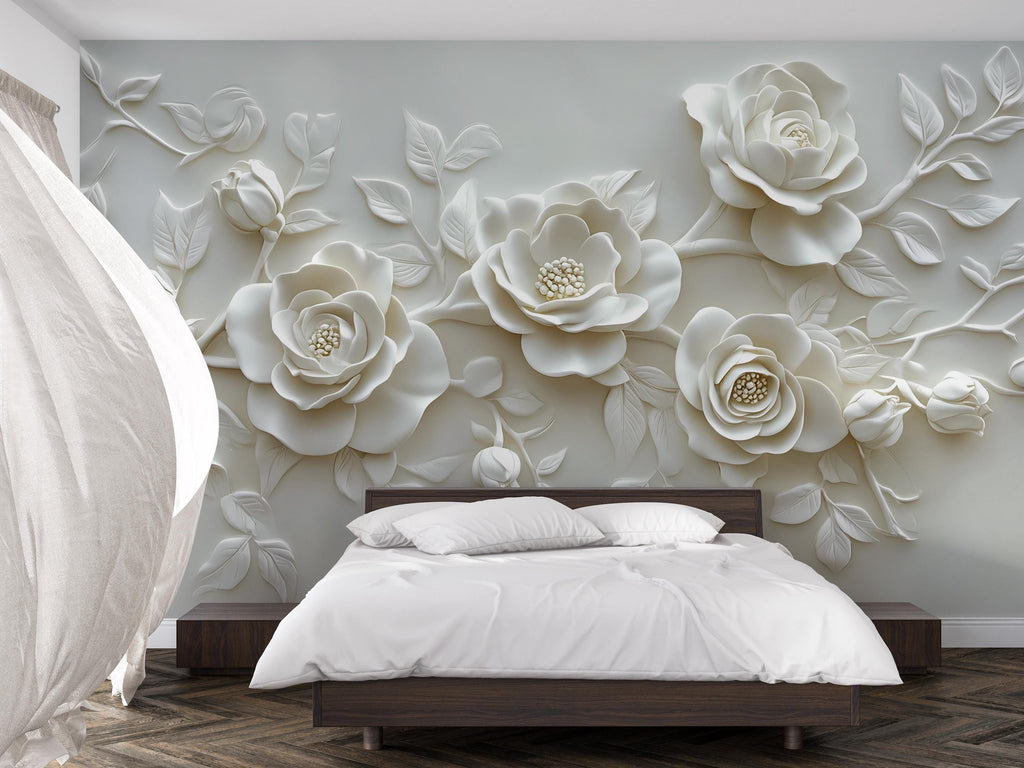 3D Visual Effect White Rose Wall Mural – Elegant Sculpted Floral Wallpaper – Minimalist Bedroom Accent Wall – Peel and Stick or Non-Woven