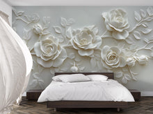 Load image into Gallery viewer, 3D Visual Effect White Rose Wall Mural – Elegant Sculpted Floral Wallpaper – Minimalist Bedroom Accent Wall – Peel and Stick or Non-Woven