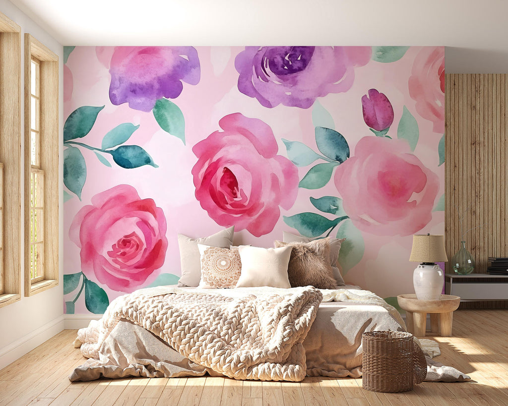 Watercolor Rose Wall Mural – Pink and Purple Floral Wallpaper – Girl’s Bedroom Wall Art – Peel and Stick or Non-Woven