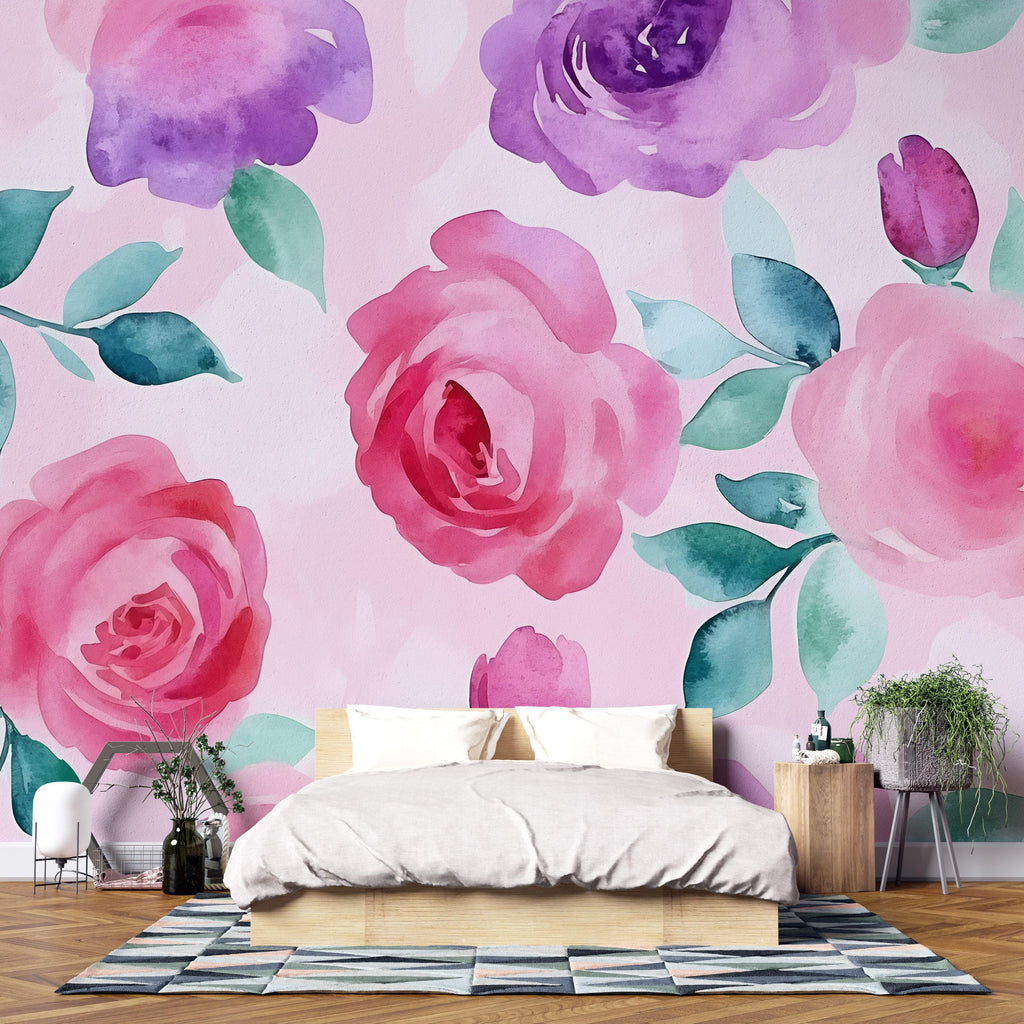 Watercolor Rose Wall Mural – Pink and Purple Floral Wallpaper – Girl’s Bedroom Wall Art – Peel and Stick or Non-Woven