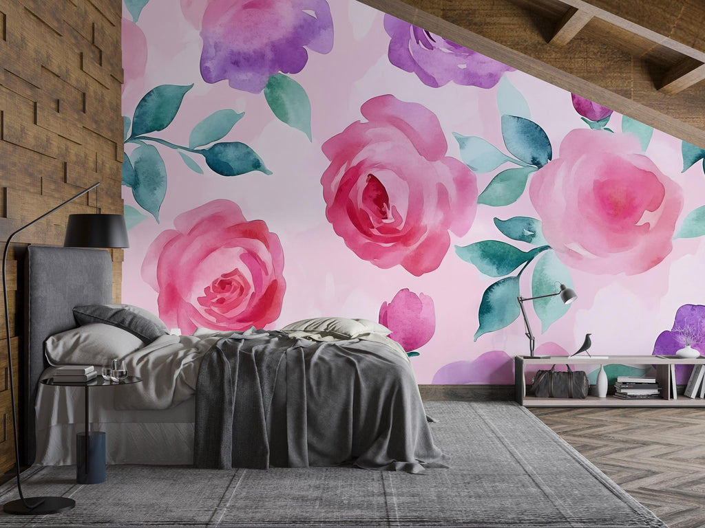 Watercolor Rose Wall Mural – Pink and Purple Floral Wallpaper – Girl’s Bedroom Wall Art – Peel and Stick or Non-Woven