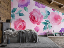 Load image into Gallery viewer, Watercolor Rose Wall Mural – Pink and Purple Floral Wallpaper – Girl’s Bedroom Wall Art – Peel and Stick or Non-Woven