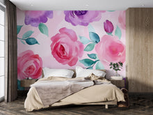 Load image into Gallery viewer, Watercolor Rose Wall Mural – Pink and Purple Floral Wallpaper – Girl’s Bedroom Wall Art – Peel and Stick or Non-Woven