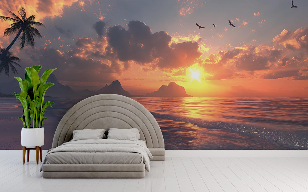 Sunset Beach Wall Mural – Tropical Ocean View Wallpaper – Relaxing Seascape Wall Art – Coastal Bedroom Decor – Peel and Stick or Traditional