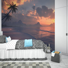Load image into Gallery viewer, Sunset Beach Wall Mural – Tropical Ocean View Wallpaper – Relaxing Seascape Wall Art – Coastal Bedroom Decor – Peel and Stick or Traditional