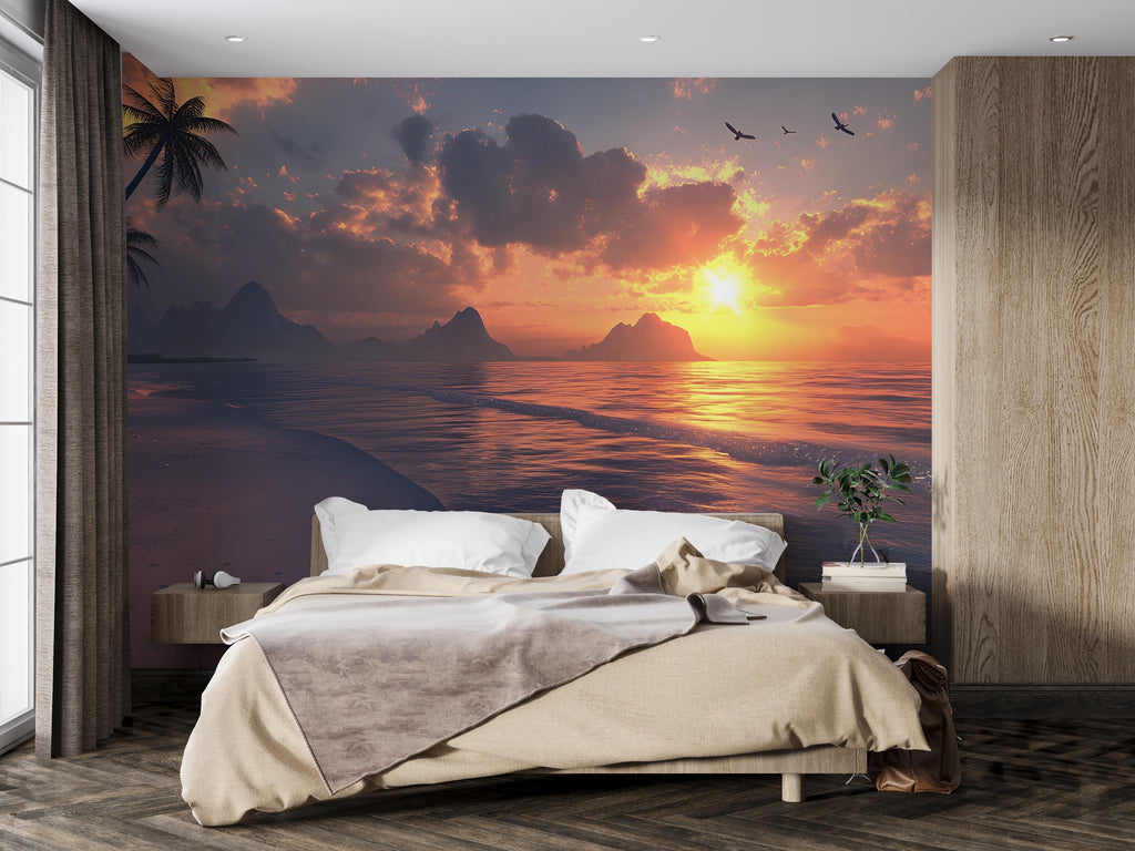 Sunset Beach Wall Mural – Tropical Ocean View Wallpaper – Relaxing Seascape Wall Art – Coastal Bedroom Decor – Peel and Stick or Traditional