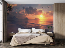 Load image into Gallery viewer, Sunset Beach Wall Mural – Tropical Ocean View Wallpaper – Relaxing Seascape Wall Art – Coastal Bedroom Decor – Peel and Stick or Traditional