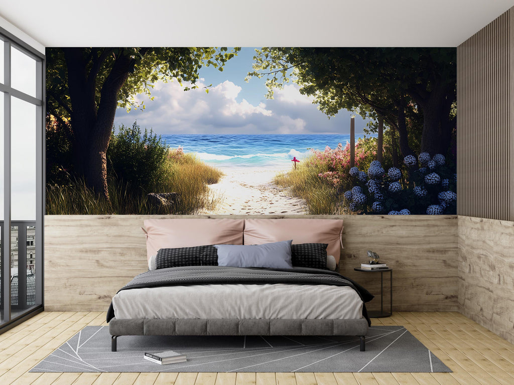 Secluded Beach Path Wall Mural – Coastal Ocean Wallpaper – Tropical Garden Walkway Decor – Bedroom Beach Theme Peel and Stick Mural