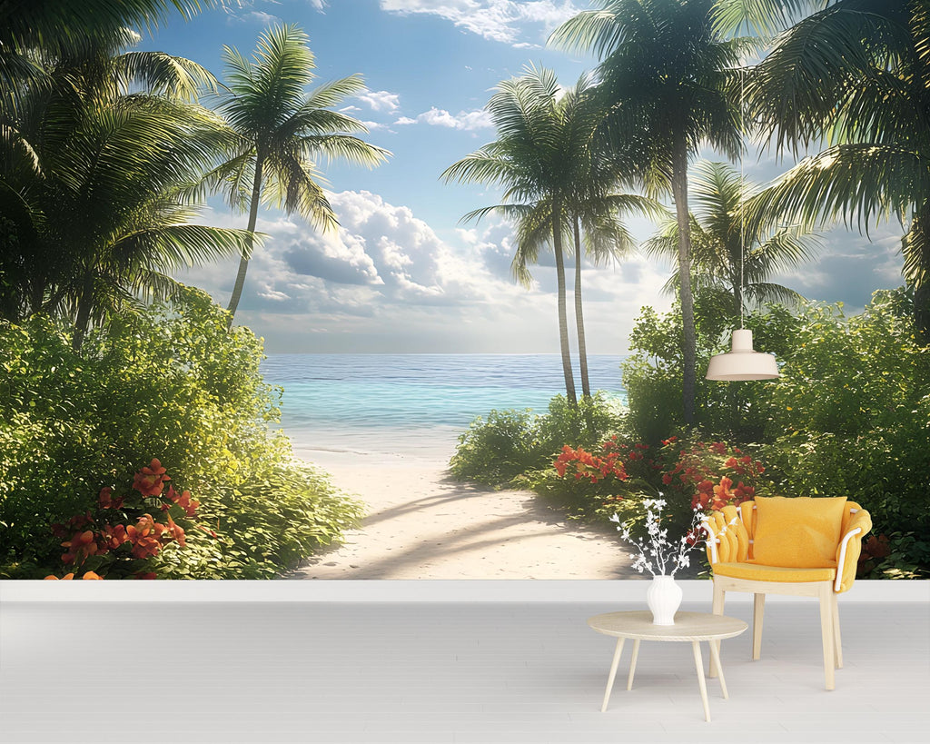 Tropical Garden Beach Wall Mural – Palm Tree Coastal Wallpaper – Summer Ocean View Wall Art – Peel and Stick or Traditional Mural