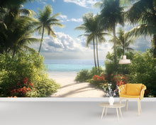 Load image into Gallery viewer, Tropical Garden Beach Wall Mural – Palm Tree Coastal Wallpaper – Summer Ocean View Wall Art – Peel and Stick or Traditional Mural