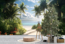 Load image into Gallery viewer, Tropical Garden Beach Wall Mural – Palm Tree Coastal Wallpaper – Summer Ocean View Wall Art – Peel and Stick or Traditional Mural