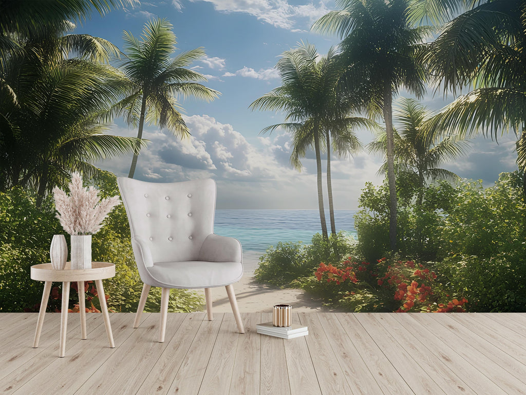 Tropical Garden Beach Wall Mural – Palm Tree Coastal Wallpaper – Summer Ocean View Wall Art – Peel and Stick or Traditional Mural