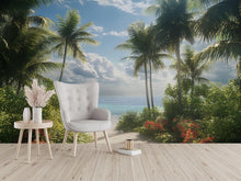 Load image into Gallery viewer, Tropical Garden Beach Wall Mural – Palm Tree Coastal Wallpaper – Summer Ocean View Wall Art – Peel and Stick or Traditional Mural