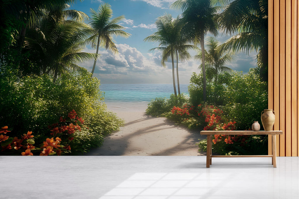 Tropical Garden Beach Wall Mural – Palm Tree Coastal Wallpaper – Summer Ocean View Wall Art – Peel and Stick or Traditional Mural
