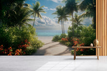 Load image into Gallery viewer, Tropical Garden Beach Wall Mural – Palm Tree Coastal Wallpaper – Summer Ocean View Wall Art – Peel and Stick or Traditional Mural