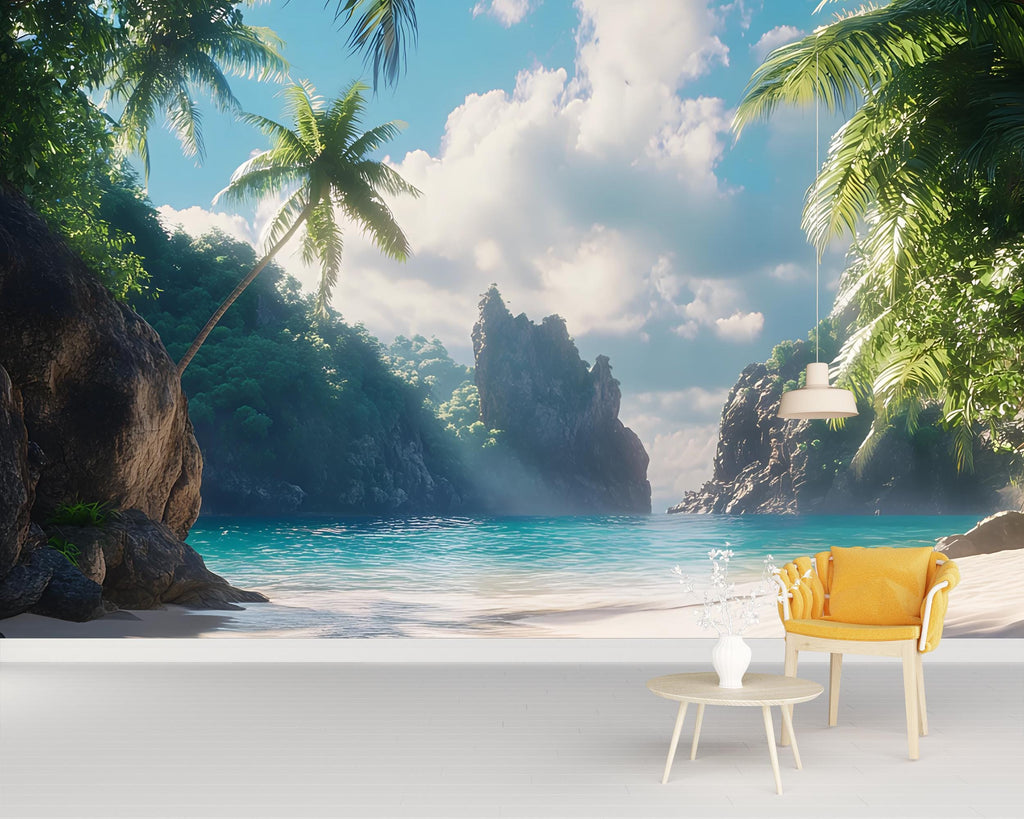 Tropical Hidden Cove Wall Mural – Beach and Ocean View Wallpaper – Peel and Stick or Traditional Coastal Mural – Paradise Wall Art Decor