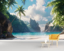 Load image into Gallery viewer, Tropical Hidden Cove Wall Mural – Beach and Ocean View Wallpaper – Peel and Stick or Traditional Coastal Mural – Paradise Wall Art Decor