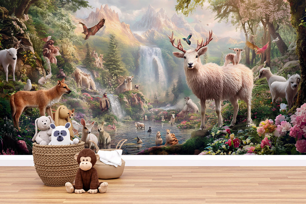 Fantasy Forest Animal Wall Mural – Woodland Nursery Wallpaper – Peel and Stick or Non-Woven – Kids Room Nature Wall Decor