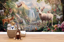 Load image into Gallery viewer, Fantasy Forest Animal Wall Mural – Woodland Nursery Wallpaper – Peel and Stick or Non-Woven – Kids Room Nature Wall Decor