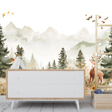 Load image into Gallery viewer, Woodland Deer Nursery Wall Mural - Peel and Stick Forest Wallpaper - Baby Boy Room Decor - Mountain Landscape Mural - Kids Room Wall Art
