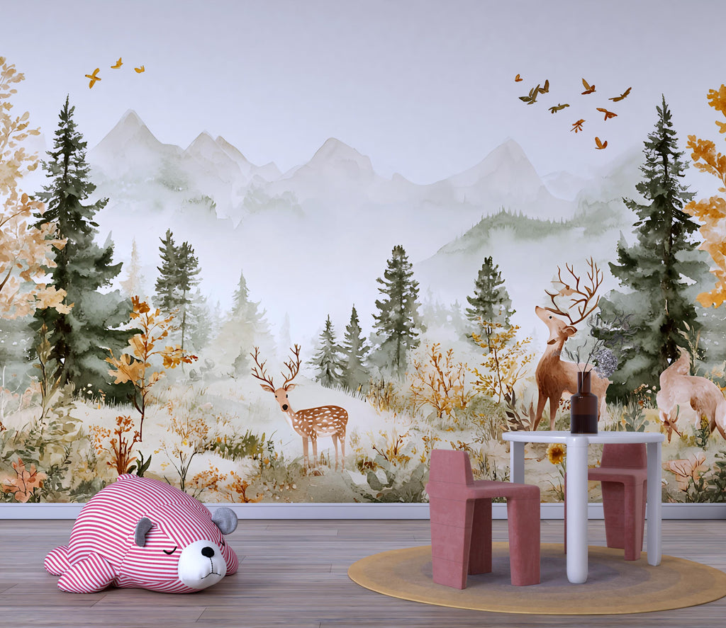 Woodland Deer Nursery Wall Mural - Peel and Stick Forest Wallpaper - Baby Boy Room Decor - Mountain Landscape Mural - Kids Room Wall Art