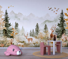 Load image into Gallery viewer, Woodland Deer Nursery Wall Mural - Peel and Stick Forest Wallpaper - Baby Boy Room Decor - Mountain Landscape Mural - Kids Room Wall Art