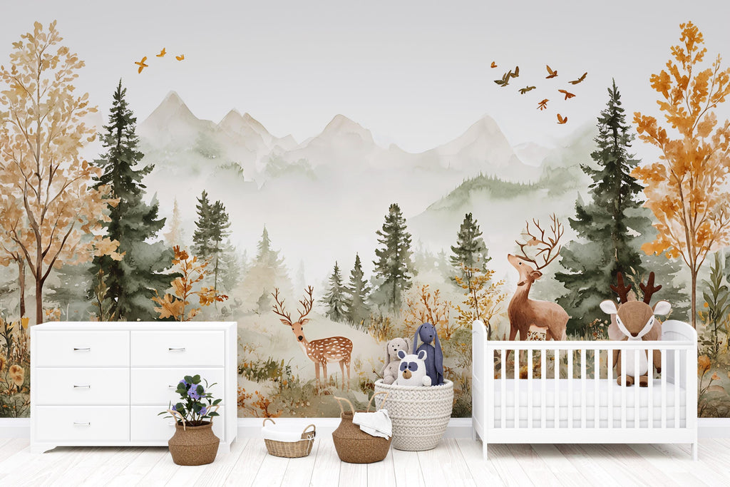 Woodland Deer Nursery Wall Mural - Peel and Stick Forest Wallpaper - Baby Boy Room Decor - Mountain Landscape Mural - Kids Room Wall Art