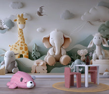Load image into Gallery viewer, 3D Jungle Animal Nursery Wall Mural – Giraffe Elephant Lamb Baby Room Wallpaper – Peel and Stick or Traditional Wall Art for Kids Room