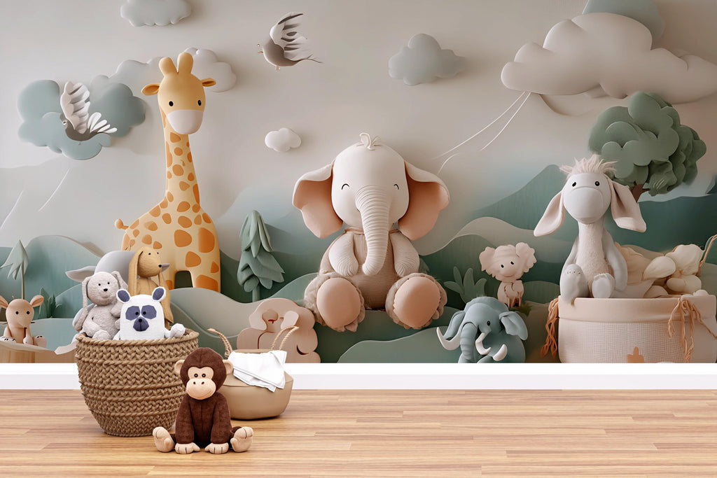 3D Jungle Animal Nursery Wall Mural – Giraffe Elephant Lamb Baby Room Wallpaper – Peel and Stick or Traditional Wall Art for Kids Room
